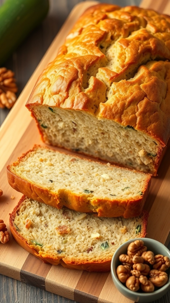A loaf of moist zucchini bread sliced on a cutting board, showcasing its texture with zucchini flecks.